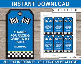 Blue Race Car Favor Tags: Editable Birthday Party Thank You (Instant Download)