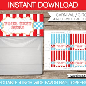 Circus Party Bag Toppers Template - Carnival or Circus Favor Bag Toppers - 4 inches wide - INSTANT DOWNLOAD text EDITABLE - you personalize