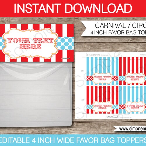 Circus Party Bag Toppers Template Carnival or Circus Favor - Etsy