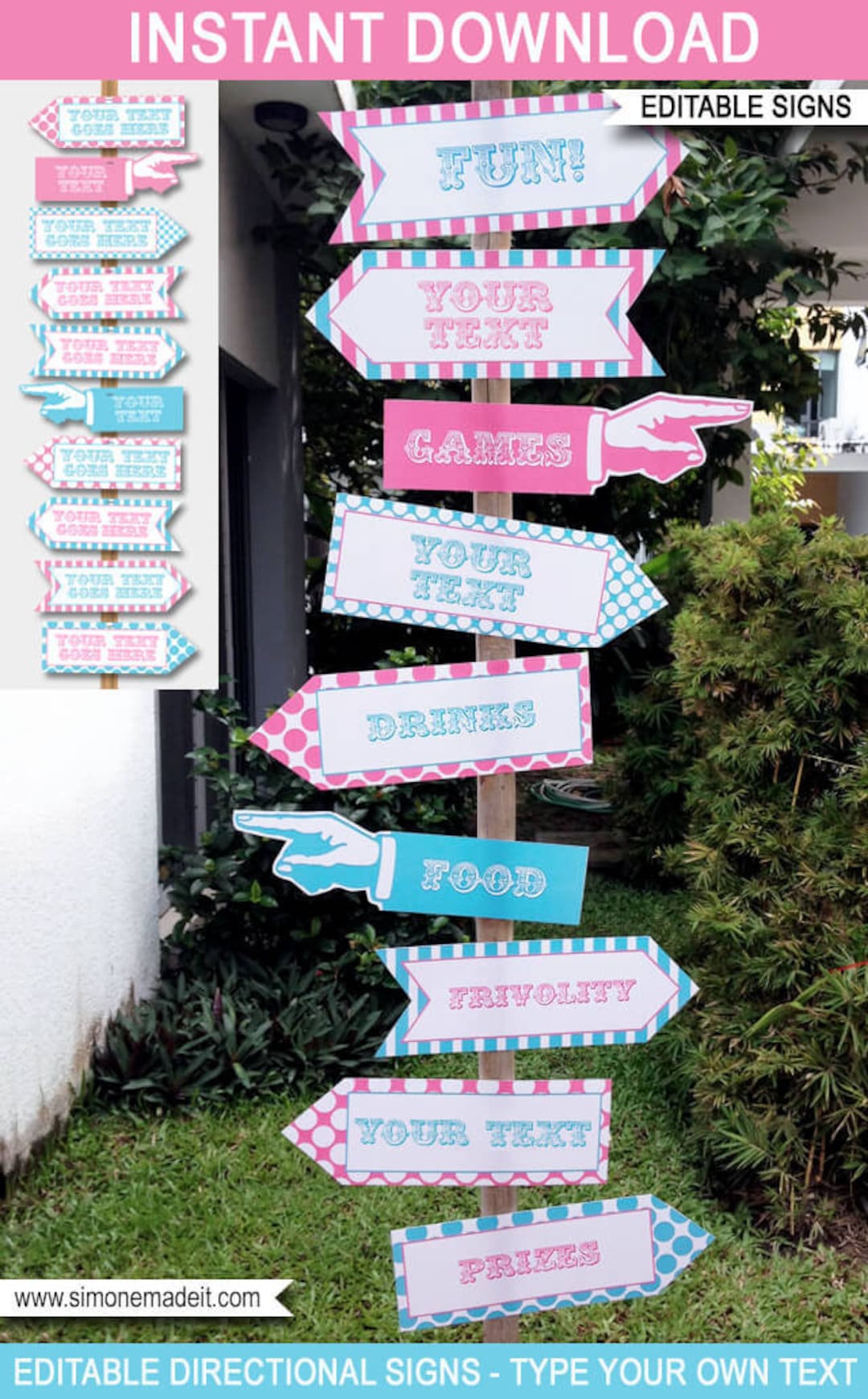 Circus Party Directional Signs - Direction Arrows Template - Pink Aqua - Carnival Party - INSTANT DOWNLOAD - EDITABLE Text - 2 Sizes - Etsy circus-party-directional-signs-direction-arrows-template-pink-aqua-carnival-party-instant-download-editable-text-2-sizes-etsy