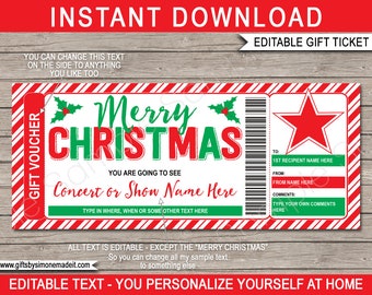 Concert Ticket Template Surprise Christmas Gift Printable - Show Comedian Artist Band - Gift Certificate Voucher - editable text DOWNLOAD
