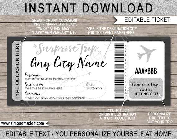 Editable Boarding Pass Surprise Trip Ticket Printable Template - Any Occasion, Any Destination - Fake Plane Flight Ticket - INSTANT DOWNLOAD Il_570xn