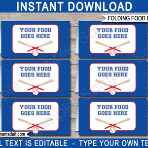 May include: Six printable food labels featuring a baseball theme. The labels are blue with white text and a red and white baseball with crossed bats. The text on the labels reads "Your Food Goes Here".