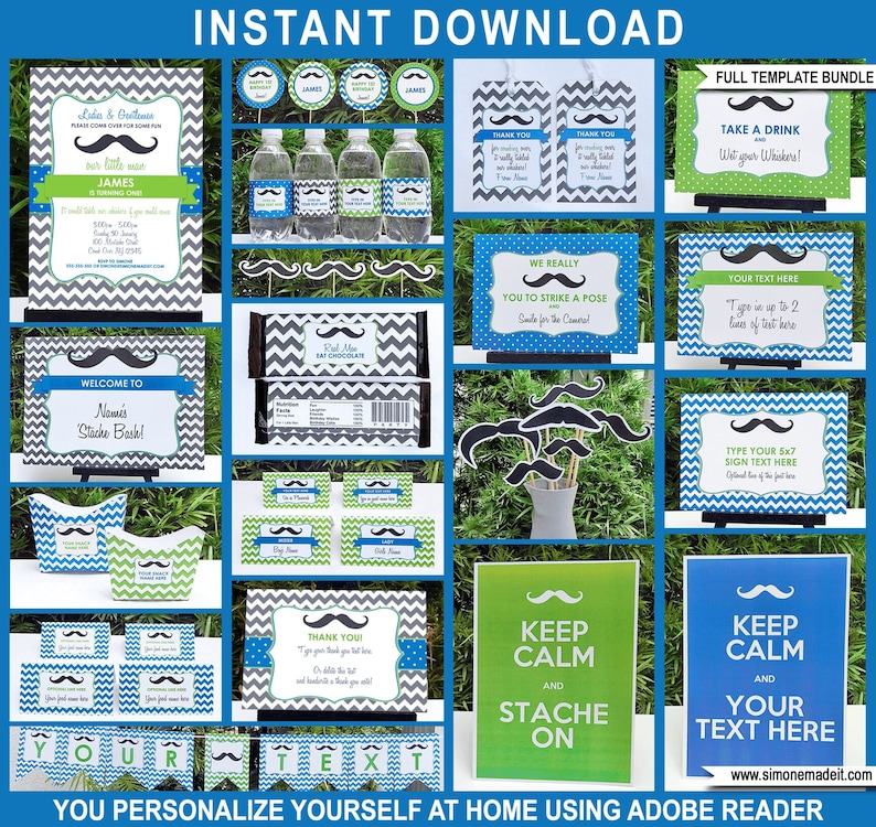 Mustache Party Decorations & Invitation Template Bundle full Package Pack Set Kit Collection INSTANT DOWNLOAD with EDITABLE text image 1