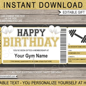 May include: Editable gift ticket template with a gold glitter background and black text. The text says "Happy Birthday" and "You've been gifted a membership at Your Gym Name". There is a black dumbbell icon and space to write the recipient's name, the giver's name, and comments.