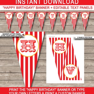 Carnival Pennant Banner Template - Printable Birthday Party Decorations - Bunting - Circus Theme - INSTANT DOWNLOAD - EDITABLE Text