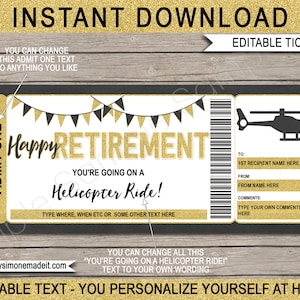 Retirement Helicopter Ride Ticket Template Gift Certificate Voucher Card Printable Experience - INSTANT DOWNLOAD with EDITABLE text