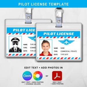 Pilot License Template: Printable Airplane Birthday Party Favor for Canva and Adobe