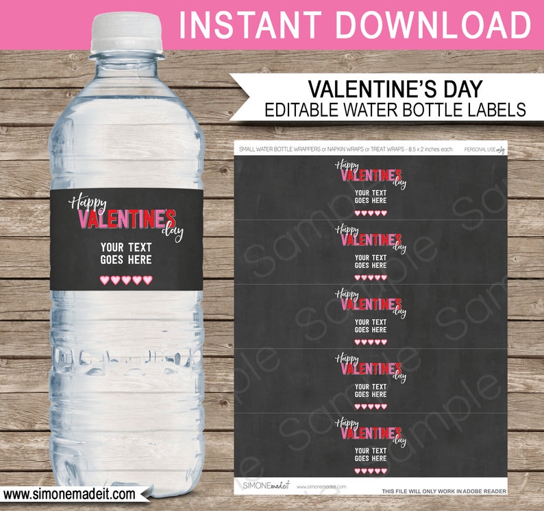 Happy Valentine/'s Day EDITABLE text INSTANT DOWNLOAD Chalkboard Party Decorations Valentine/'s Day Water Bottle Labels or Wrappers