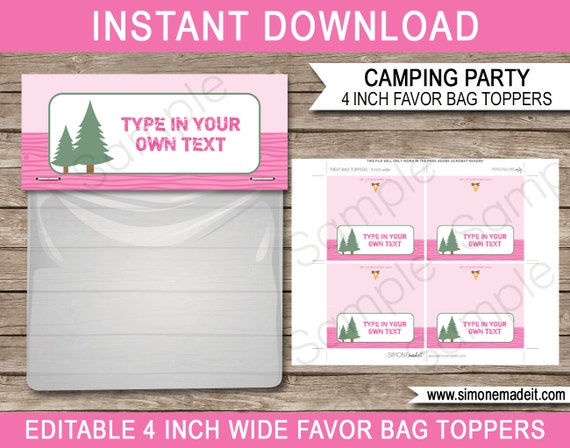 Girl Camping Party Favors Bag Toppers - 4 inches wide - INSTANT DOWNLOAD with EDITABLE text - you personalize at home using Adobe Reader Il_570xn