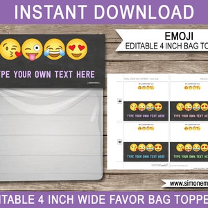 Emoji Favor Bag Toppers Template: Editable Text, 4-Inch Wide (INSTANT DOWNLOAD)