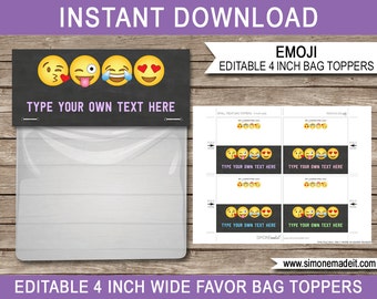 May include: Printable 4 inch wide favor bag toppers with a black background and emoji faces. The text "Type your own text here" is on the toppers. The toppers are designed to be folded and used for party favors.