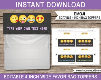 Emoji Favor Bag Toppers Template - Printable Emoji Theme Birthday Party - Valentines - 4 inch wide - INSTANT DOWNLOAD with EDITABLE text