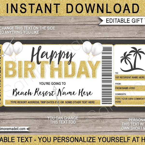 Beach Trip Ticket Template Surprise Trip Reveal Birthday Gift Idea - Travel Vacation Getaway Holiday Destination - editable INSTANT DOWNLOAD