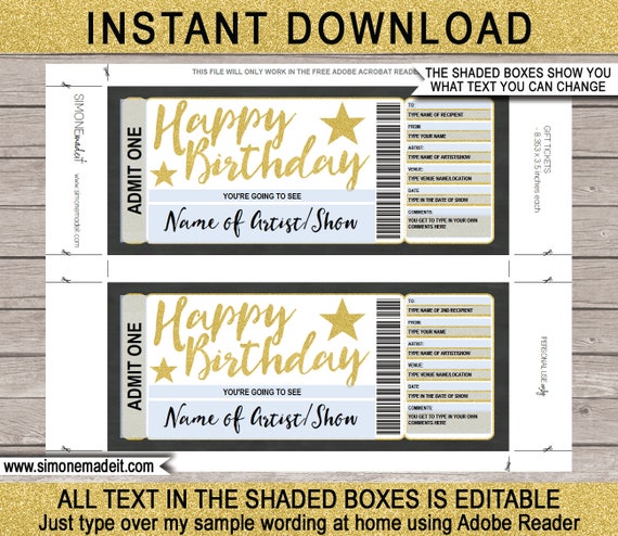 printable concert ticket template birthday gift voucher etsy
