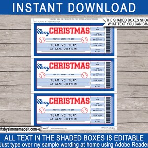 May include: Three printable baseball game ticket templates with a blue and red color scheme. The tickets say "Merry Christmas" and have a baseball graphic. The text in the boxes is editable.