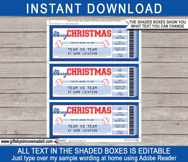 May include: Three printable baseball game ticket templates with a blue and red color scheme. The tickets say "Merry Christmas" and have a baseball graphic. The text in the boxes is editable.
