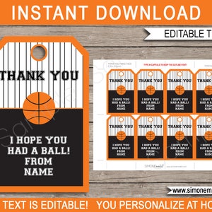 Basketball Favor Tags - Thank You Tags - Birthday Party Favors - INSTANT DOWNLOAD with EDITABLE text template - you personalize at home