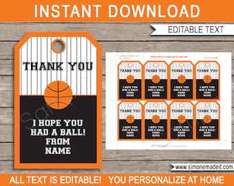 Basketball Favor Tags - Thank You Tags - Birthday Party Favors - INSTANT DOWNLOAD with EDITABLE text template - you personalize at home