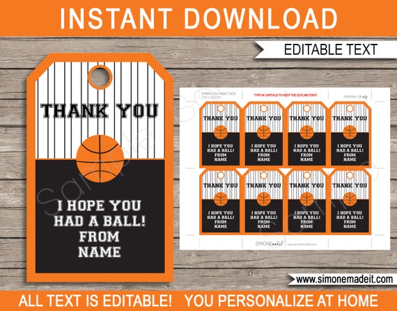 Basketball Favor Tags - Thank You Tags - Birthday Party Favors - INSTANT  DOWNLOAD with EDITABLE text template - you personalize at home