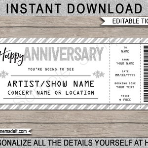 Plantilla de regalo de entrada de concierto para aniversario, cupón de certificado de vale de regalo imprimible, banda de espectáculo de concierto sorpresa - DESCARGA DE TEXTO EDITABLE