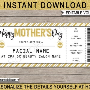 Modèle imprimable de certificat-cadeau pour le visage pour la fête des mères - Bonne fête des mères - Soin au spa - TÉLÉCHARGEMENT IMMÉDIAT avec texte MODIFIABLE