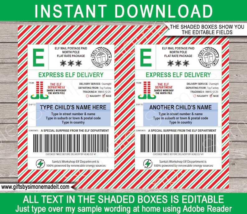 Printable Elf Shipping Labels Template - Realistic USPS Labels - North Pole Mail - Express Elf Delivery - Sleigh Mail - Christmas Gift Tags - Elf Arrival Package - Naughty or Nice List - Elf Department - Checked Twice - Instant Download