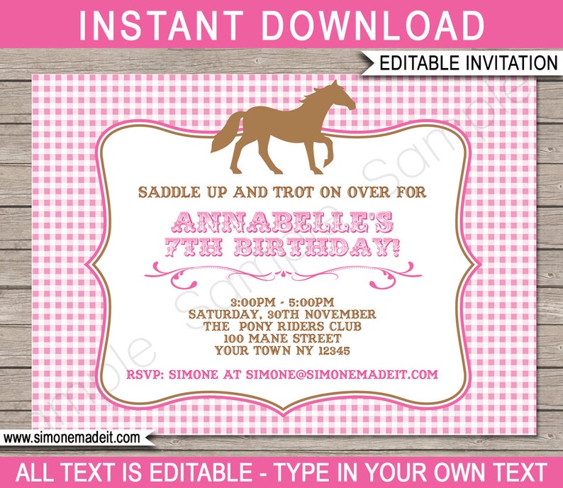 Horse Invitations Horse Birthday Party Invitation Template Etsy