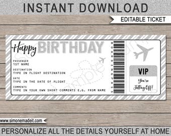 Birthday Gift Airplane Ticket - Printable Boarding Pass Voucher Coupon - Surprise Trip Reveal - Silver - Fake Plane - EDITABLE TEXT DOWNLOAD