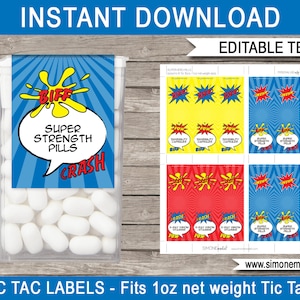Superhero Tic Tac Labels Template - Birthday Party Favors - Printable Personalized Superpower Pills - Super Hero Theme - EDITABLE DOWNLOAD