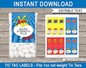 Superhero Tic Tac Labels Template - Birthday Party Favors - Printable Personalized Superpower Pills - Super Hero Theme - EDITABLE DOWNLOAD