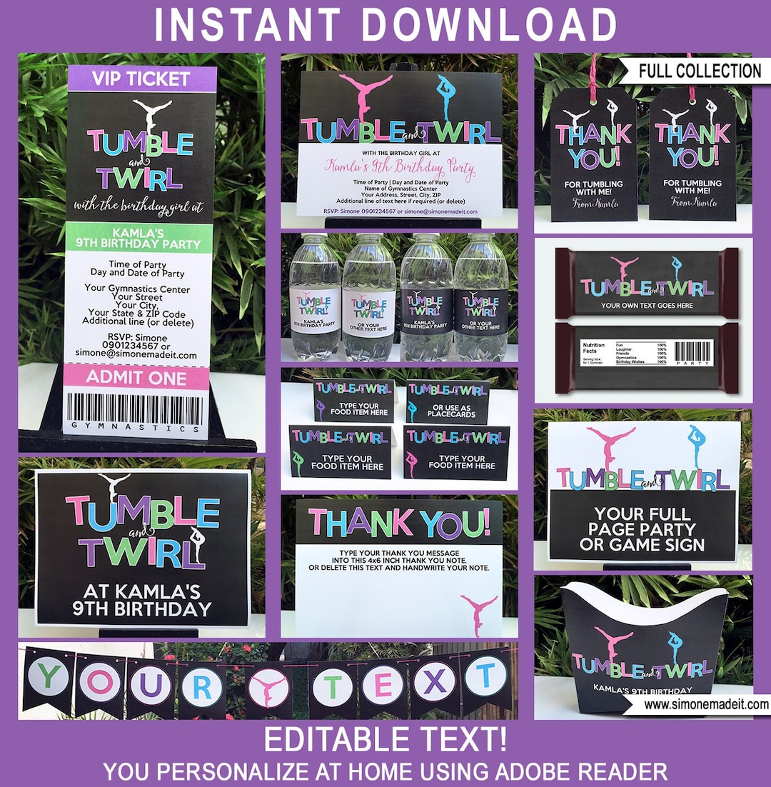 Gymnastics Theme Party Template Bundle + Invitation - Printable Gym ...