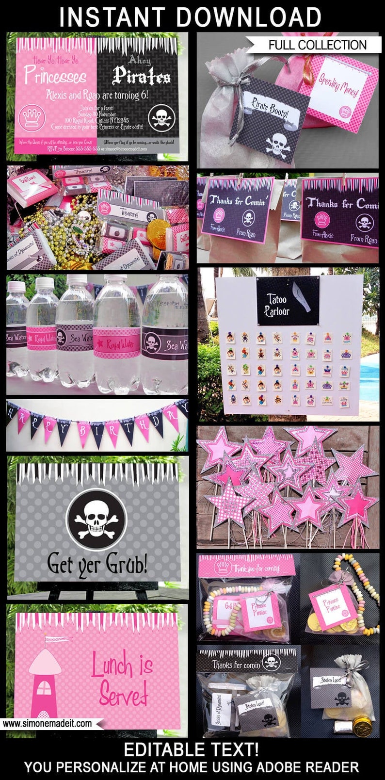 K&ouml;nnte beinhalten: Eine Sammlung von druckbaren Partydekorationen f&uuml;r eine Prinzessinnen- und Piraten-Geburtstagsparty. Die Dekorationen umfassen Einladungen, Geschenkt&uuml;ten, Wasserflaschenetiketten, ein Tattoo-Salon-Schild, ein Mittagesschild und ein &bdquo;Hol dir dein Essen&ldquo;-Schild. Die Dekorationen sind in Pink, Schwarz und Wei&szlig;.
