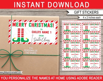 Christmas Gift Stickers Tags Labels Printable Template - Elf - from Santa Claus - Custom Personalized - INSTANT DOWNLOAD with EDITABLE Names
