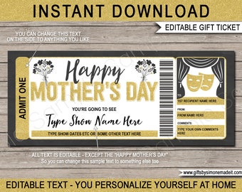 Mothers Day Show Ticket Template - Gift Voucher Card Coupon Certificate Printable - Fake Surprise Broadway Show - EDITABLE text DOWNLOAD