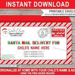 Plantilla de sobre de Papá Noel imprimible - Taller de Santas de correo de Navidad Polo Norte - DESCARGA INSTANTE con nombre y dirección EDITABLES