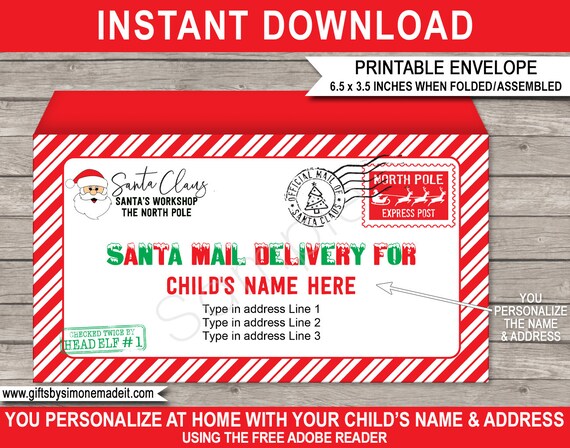 Santa Envelope Template Printable - Christmas Mail Santas Workshop North Pole - INSTANT DOWNLOAD with EDITABLE Name & Address Il_570xn