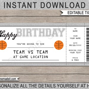 Basketball Ticket Birthday Gift - Surprise Ticket to Basketball Game - Printable Gift Voucher Coupon Template - EDITABLE TEXT DOWNLOAD
