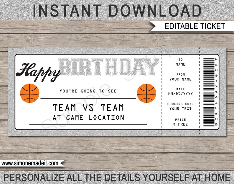 May include: Editable basketball birthday ticket template with a basketball graphic and the text "Happy Birthday". The ticket has fields for "To Name", "From Your Name", "Date", "Booking Code", and "Price".