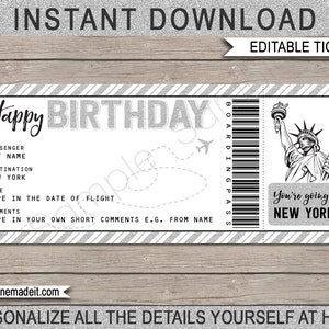 New York Geburtstagsgeschenk Flugticket - Printable Bording Pass Gutschein Coupon - Überraschungsreise Reveal - Silber - EDITIERBARER TEXT DOWNLOAD