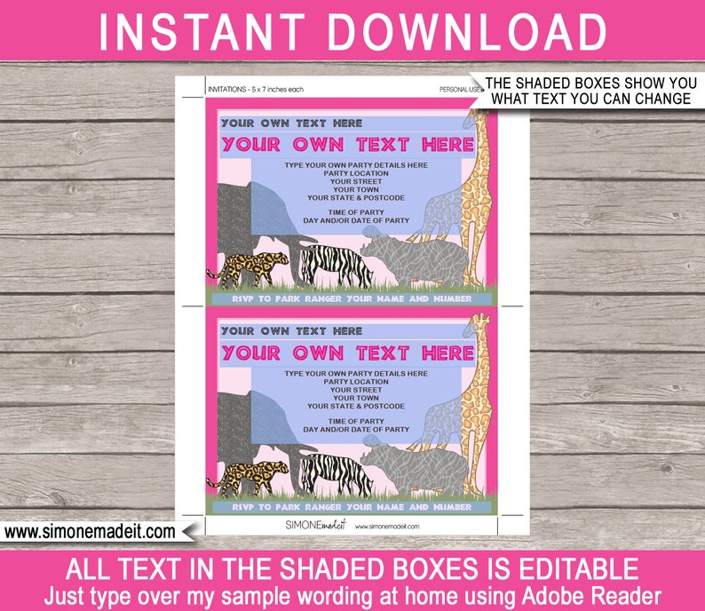 Girls Safari Birthday Party Invitations: Editable Animal Theme (digital ...