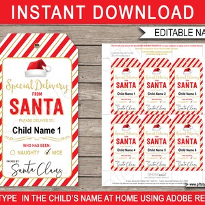 Printable Santa Gift Tags Template - Custom Personalized Special Delivery from Santa Claus North Pole - INSTANT DOWNLOAD with EDITABLE text