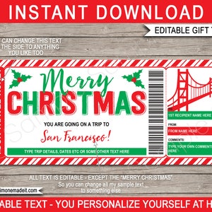 San Francisco Ticket Vorlage Geschenkgutschein Zertifikat - Druckbare Weihnachtsreise enthüllen Bordkarte - Urlaub - EDITIERBARER Text