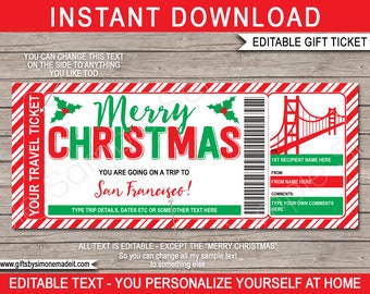 San Francisco Ticket Template Gift Voucher Certificate - Printable Christmas Trip Reveal Boarding Pass - Vacation Getaway - EDITABLE text