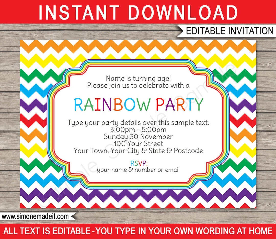 rainbow-invitation-template-printable-birthday-party-invite-colorful-chevron-theme-editable-text-download-you-personalize-etsy
