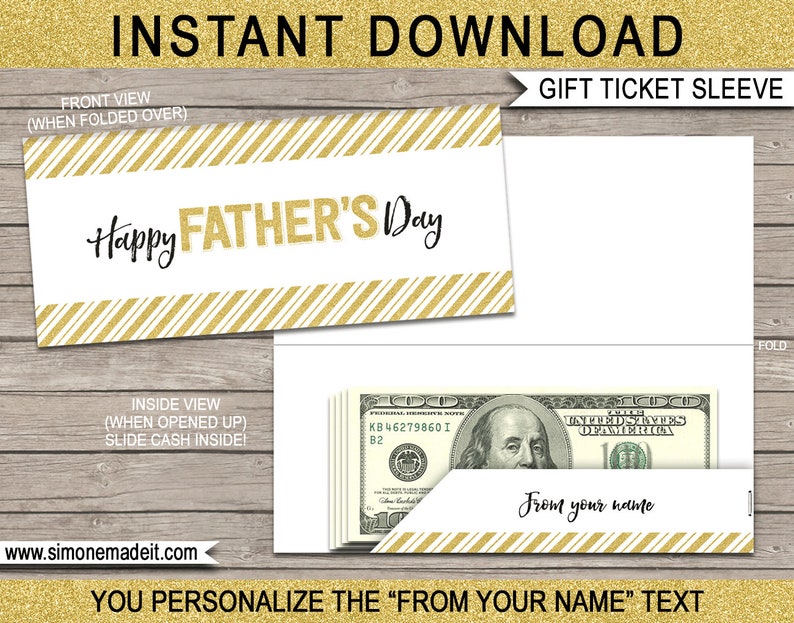 printable fathers day ticket sleeve template with gold glitter etsy