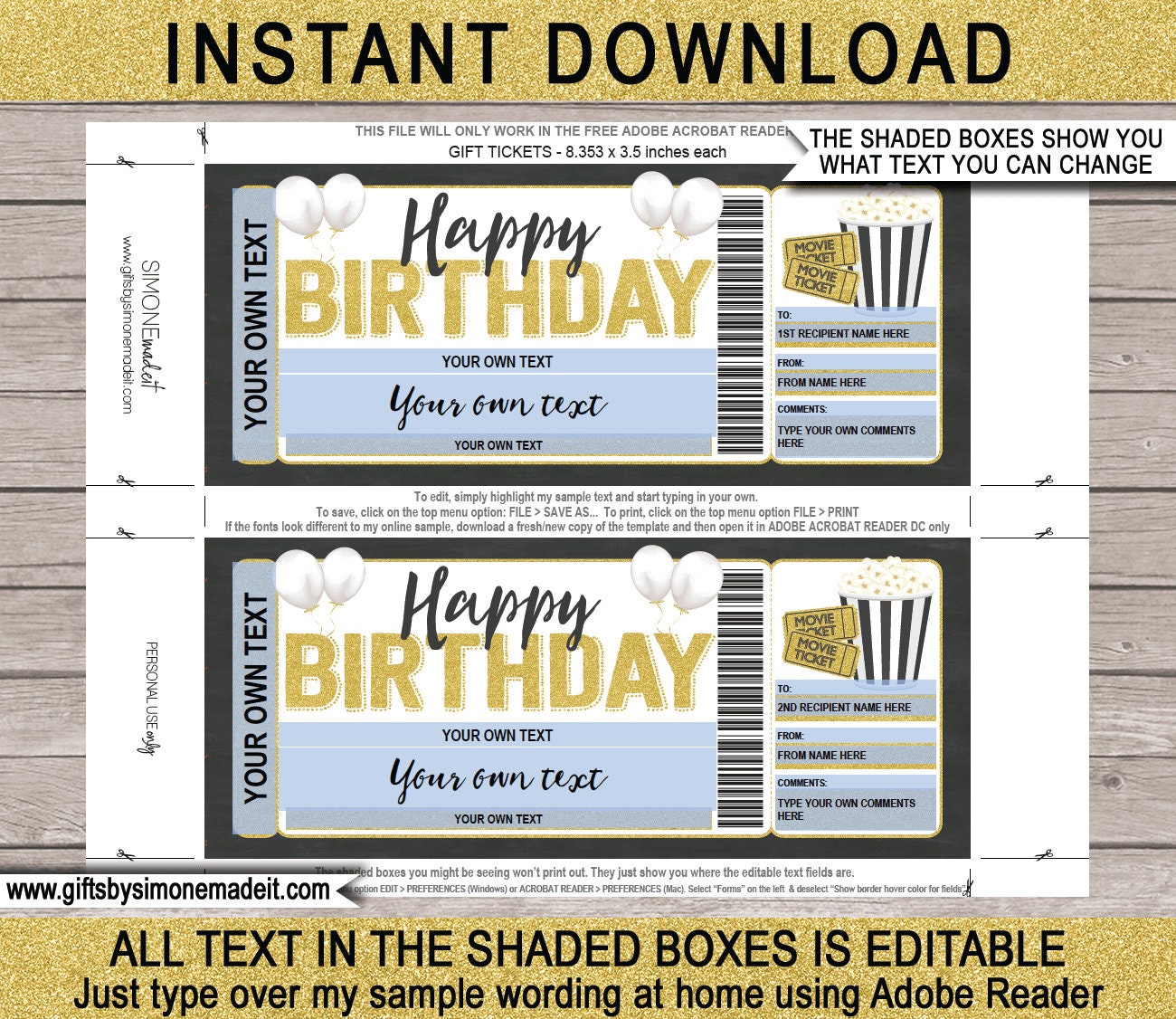Movie Ticket Template Gift Certificate Voucher Birthday - Etsy Australia