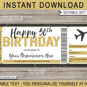 Modello di carta d'imbarco per il 30° compleanno - Regalo di viaggio a sorpresa - Coupon biglietto aereo falso - Destinazione volo aereo - DOWNLOAD TESTO MODIFICABILE