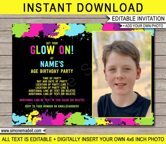 Neon Glow Photo Invite Printable Birthday Party Invitation Template - Fluoro Neon Glow Theme - INSTANT DOWNLOAD - EDITABLE text - you edit Il_570xn