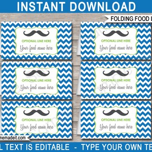 Modelo de rótulos de alimentos de bigode - Decorações de festa de aniversário com tema homenzinho para impressão - Etiquetas de buffet - DOWNLOAD INSTANTÂNEO com texto EDITÁVEL